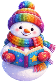 chatgpt snowman wearing mittens holding book